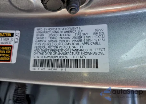 2022 Honda Cr-V Touring z USA, uszkodzony, nr VIN 7FARW2H98NE050596